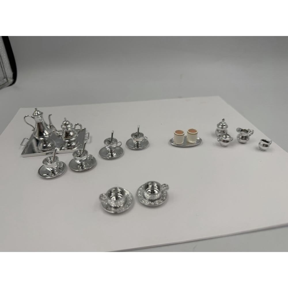 VTG Barbie Pretty Treasures Re-Ment Silver Tone Tea Set Cups Saucers Utensils